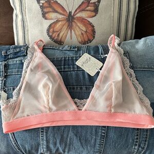 FP - Lace Trim Mesh Bralette - Pink Coral